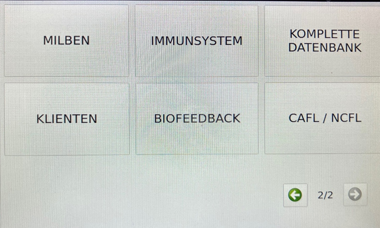 screenshot-einsatzgebiete-2 Raster mit sechs Schaltflächen: Milben, Immunsystem, komplette Datenbank, Klienten, Biofeedback, CAFL NCFL