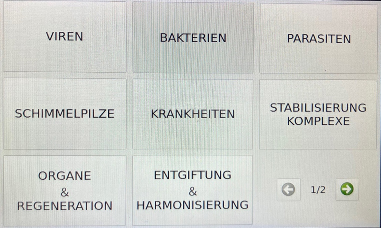 screenshot-einsatzgebiete Raster mit neun Schaltflächen: Viren, Bakterien, Parasiten, Schimmelpilze, Krankheiten, Stabilisierung Komplexe, Organe Regeneration, Entgiftung Harmonisierung sowie Navigation 1 von 2
